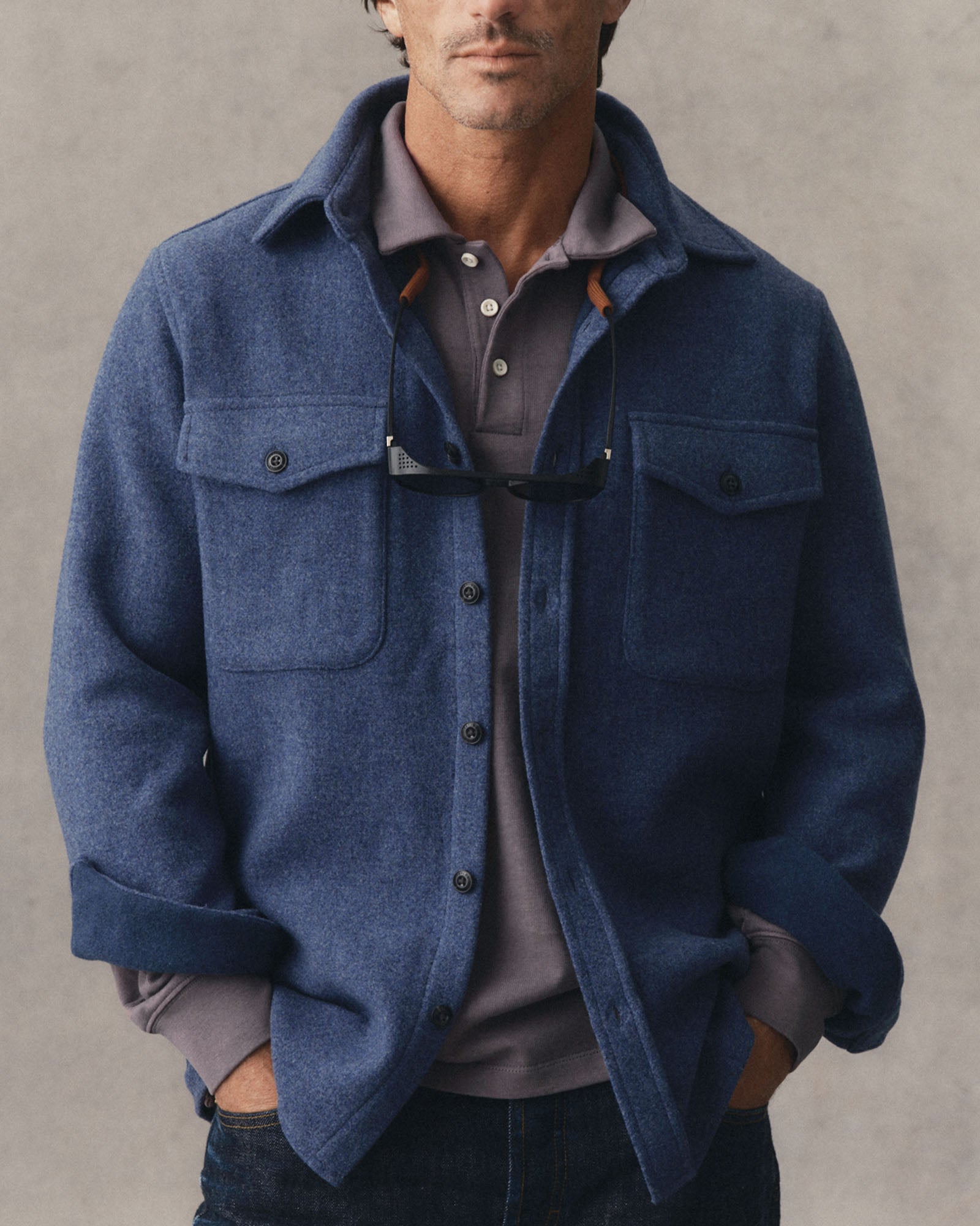 fit model wearing The Maritime Shirt Jacket in Heather Navy Wool, Outerwear by Taylor Stitch