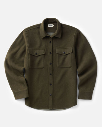 flatlay of The Maritime Shirt Jacket in Heather Olive Wool