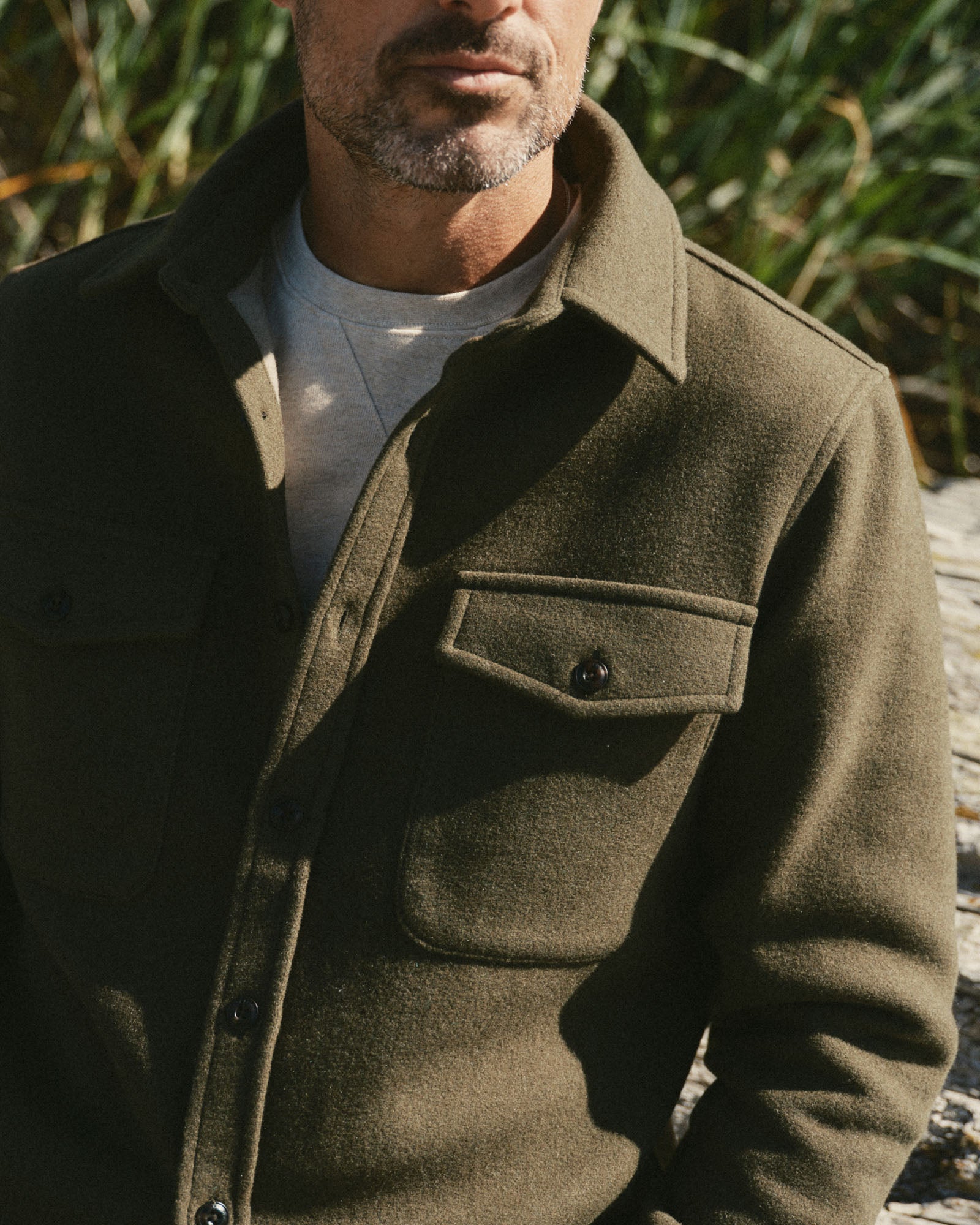 fit model showing off The Maritime Shirt Jacket in Heather Olive Wool, Outerwear by Taylor Stitch