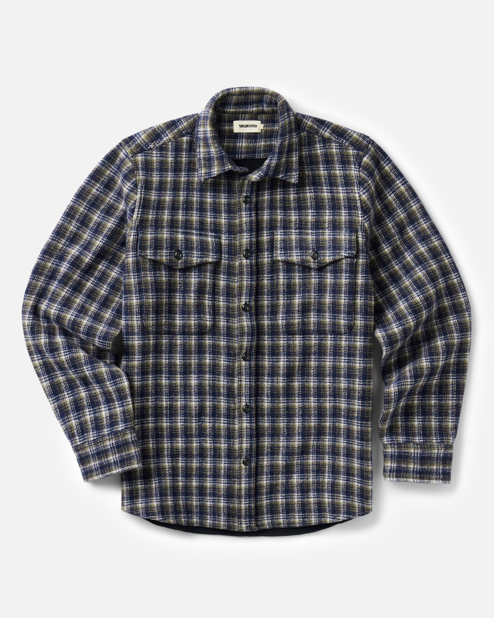 flatlay of The Maritime Shirt Jacket in Navy Shadow Plaid Wool, Outerwear by Taylor Stitch