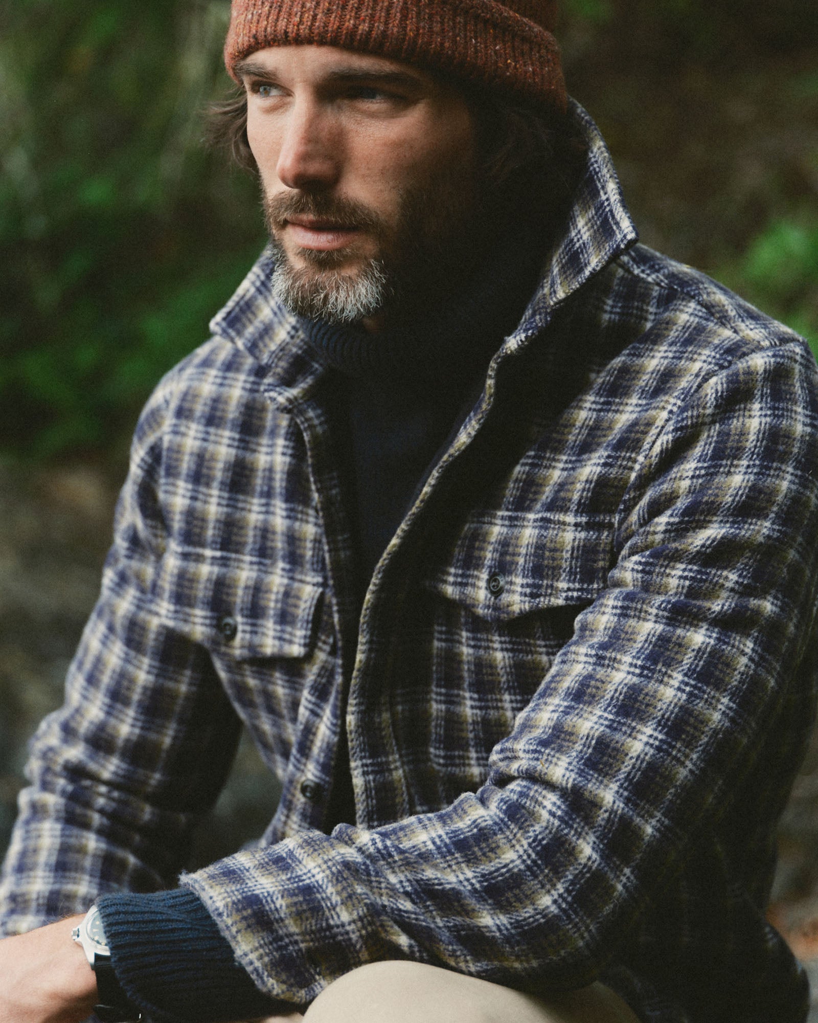 fit model showing off The Maritime Shirt Jacket in Navy Shadow Plaid Wool, Outerwear by Taylor Stitch