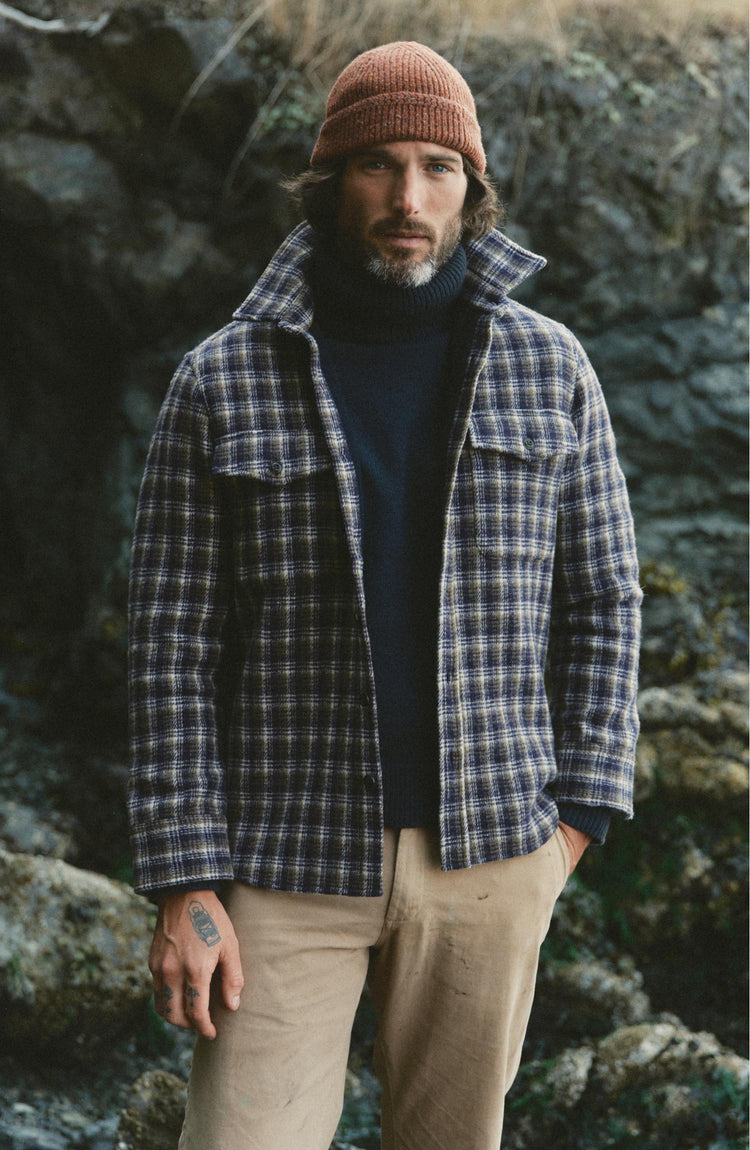 fit model posing in The Maritime Shirt Jacket in Navy Shadow Plaid Wool