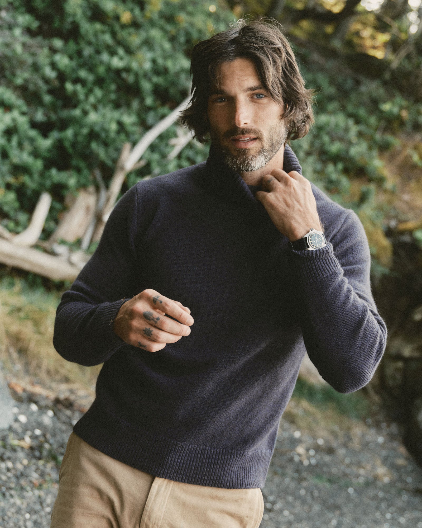 fit model adjusting the collar on The Marston Sweater in Marine Yak Wool, Sweaters by Taylor Stitch