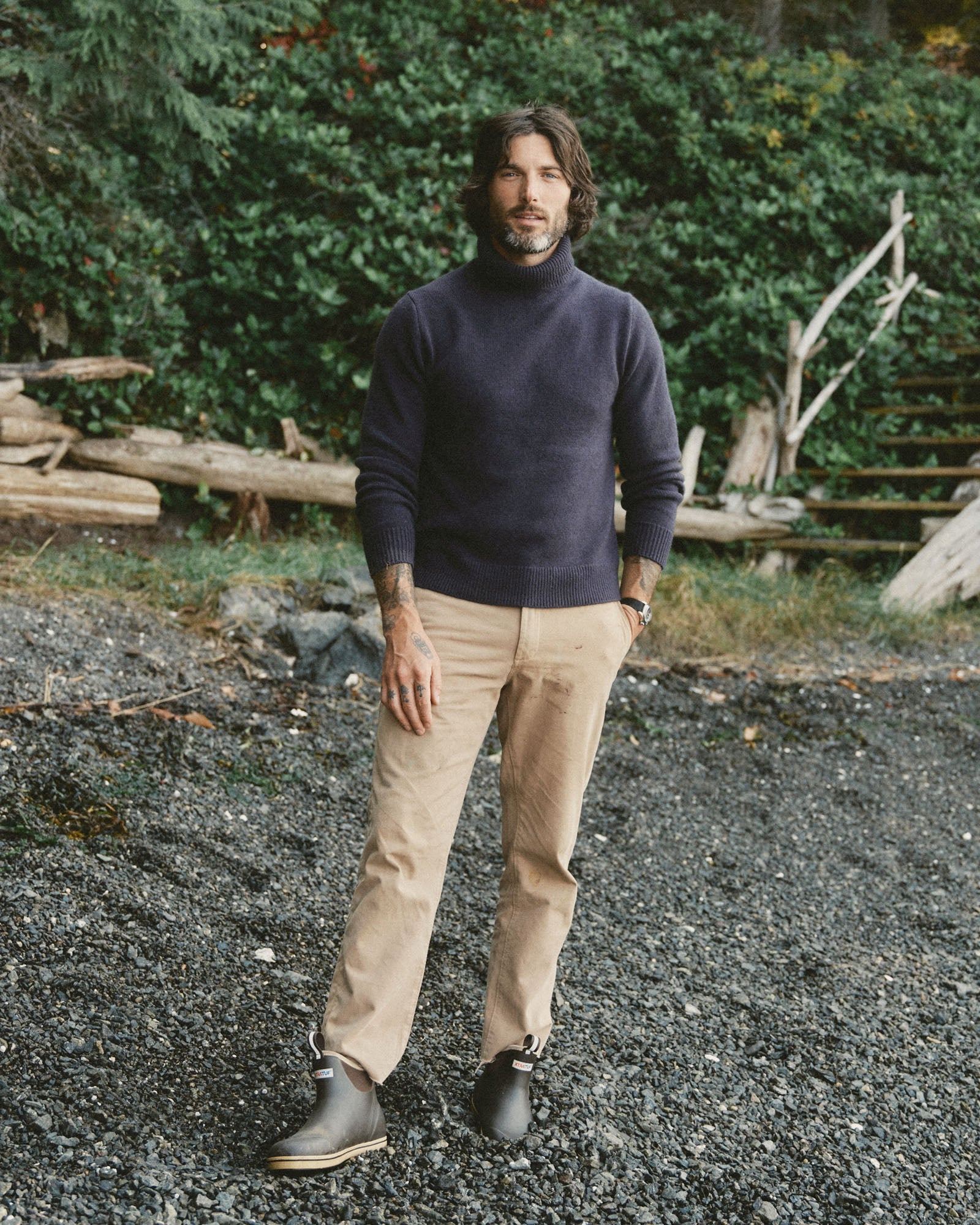 fit model showing off The Marston Sweater in Marine Yak Wool, Sweaters by Taylor Stitch