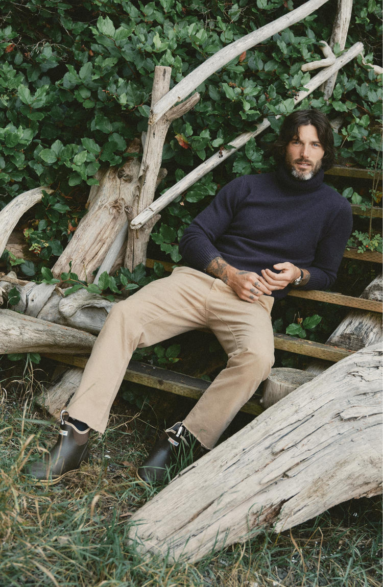 fit model posing in The Marston Sweater in Marine Yak Wool