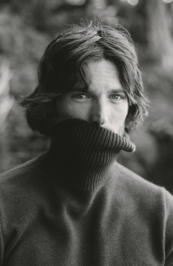fit model showing off the neck on The Marston Sweater in Marine Yak Wool