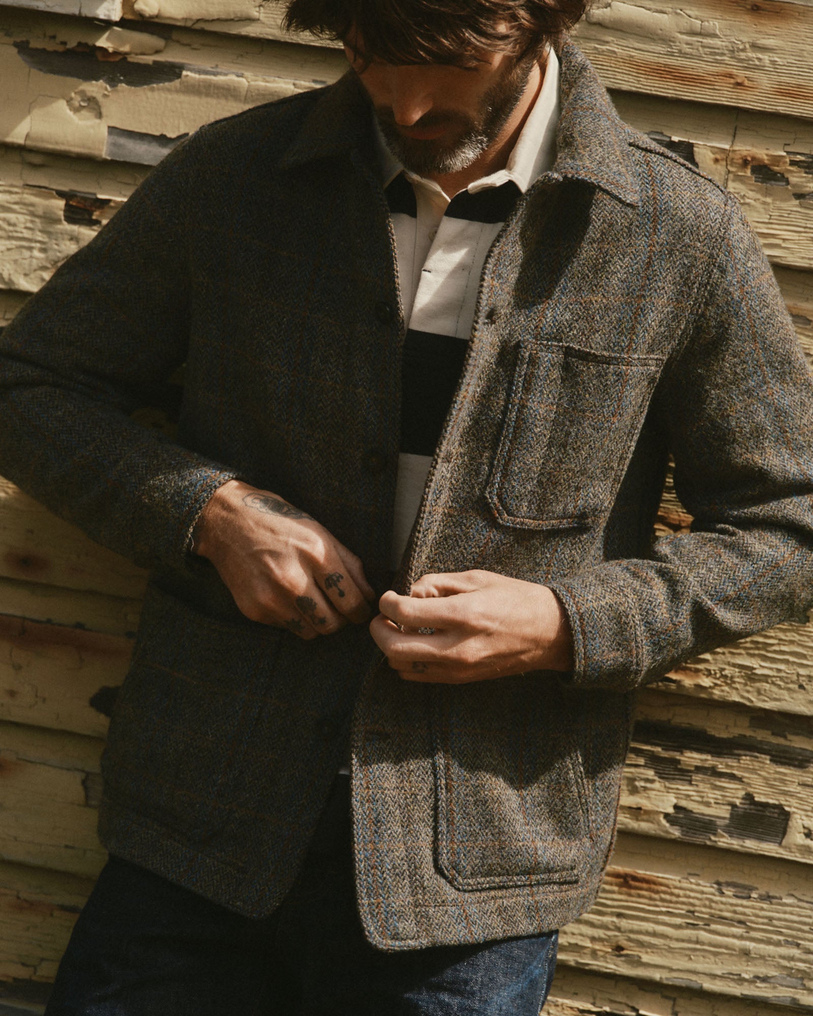 fit model showing off The Ojai Jacket in Rust Check Harris Tweed Wool, Outerwear by Taylor Stitch