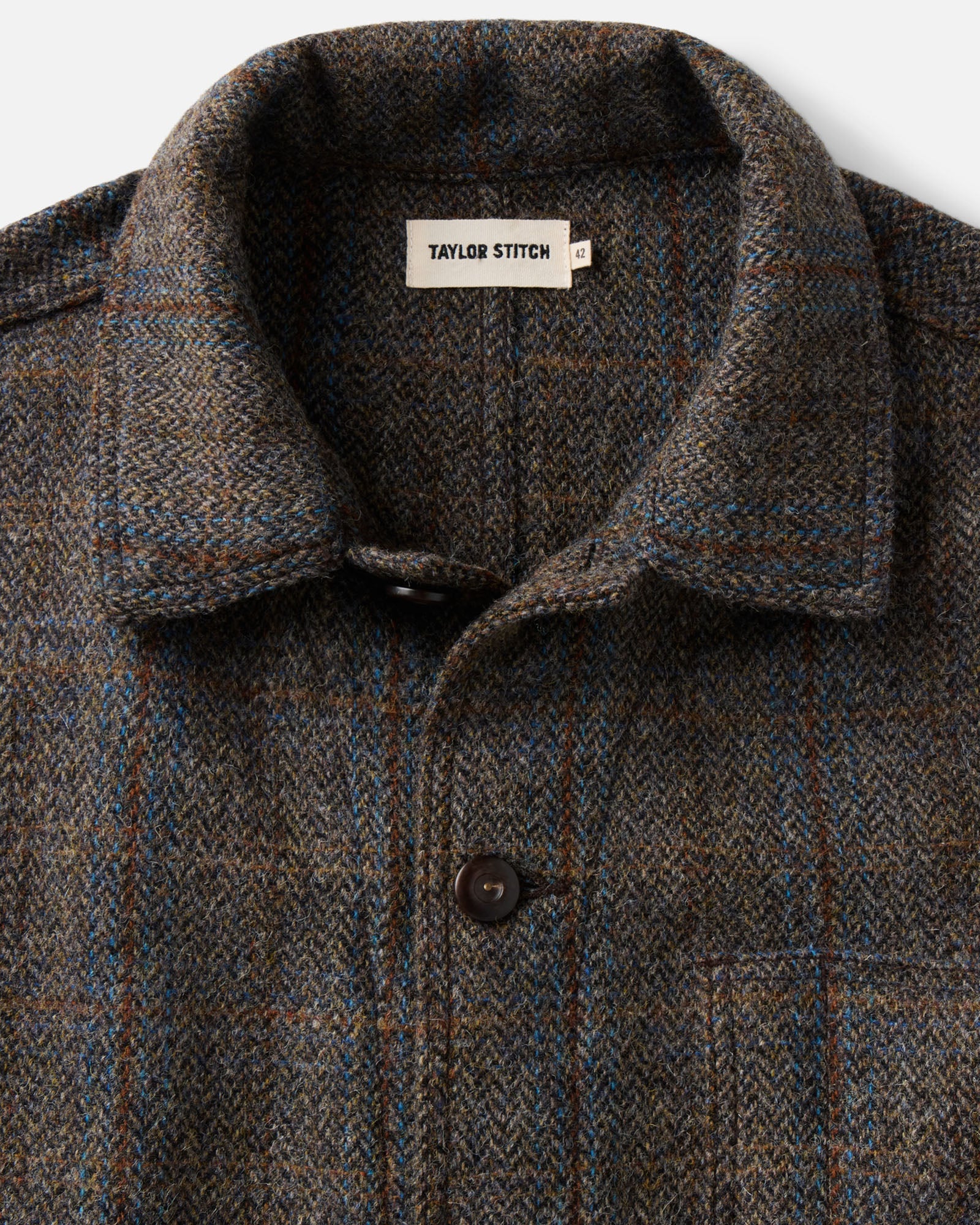 material shot of the collar on The Ojai Jacket in Rust Check Harris Tweed Wool, Outerwear by Taylor Stitch