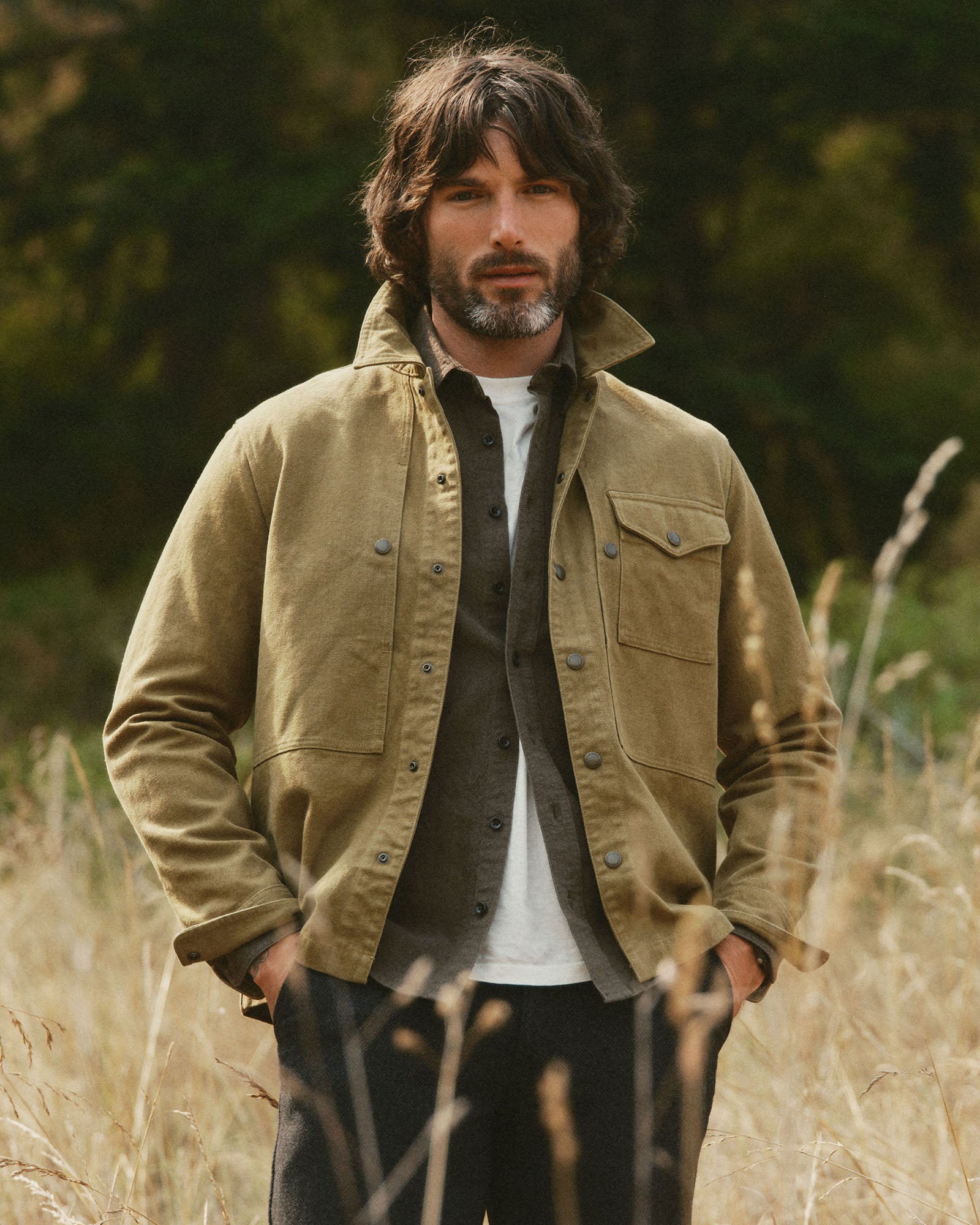fit model showing off The Pacific Overshirt in Bay Leaf Hemp Canvas, Wovens by Taylor Stitch