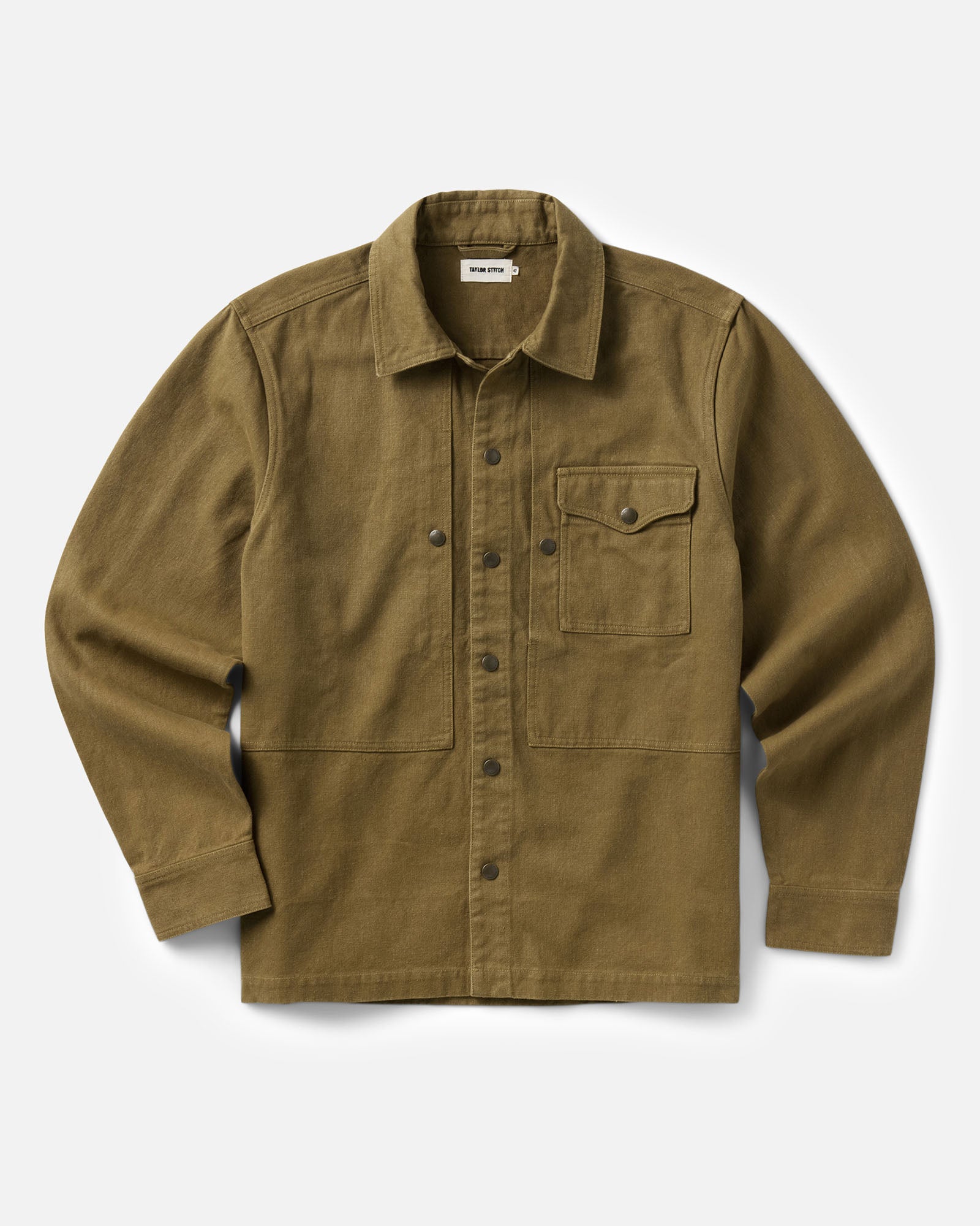 flatlay of The Pacific Overshirt in Bay Leaf Hemp Canvas, Wovens by Taylor Stitch