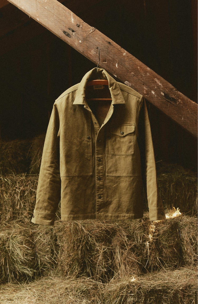 fit model posing in The Pacific Overshirt in Bay Leaf Hemp Canvas