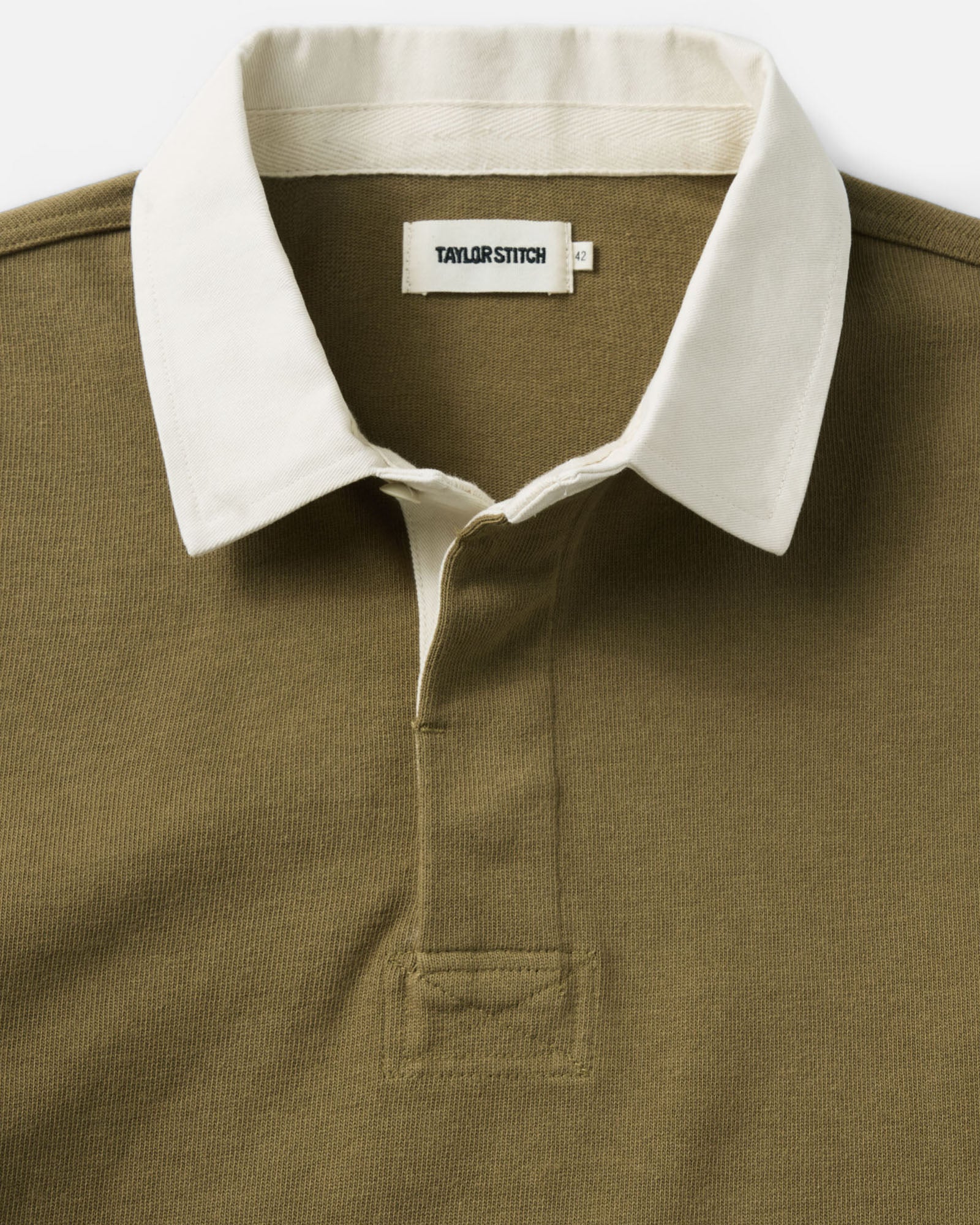 material shot of the collar on The Rugby Shirt in Dry Sage, Knits by Taylor Stitch