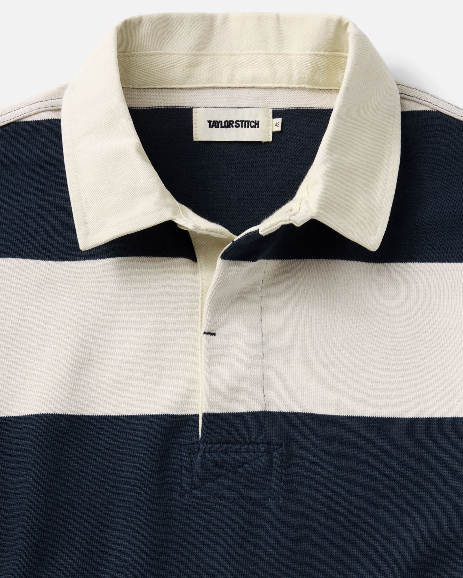 material shot of the collar on The Rugby Shirt in Navy Stripe, Knits by Taylor Stitch