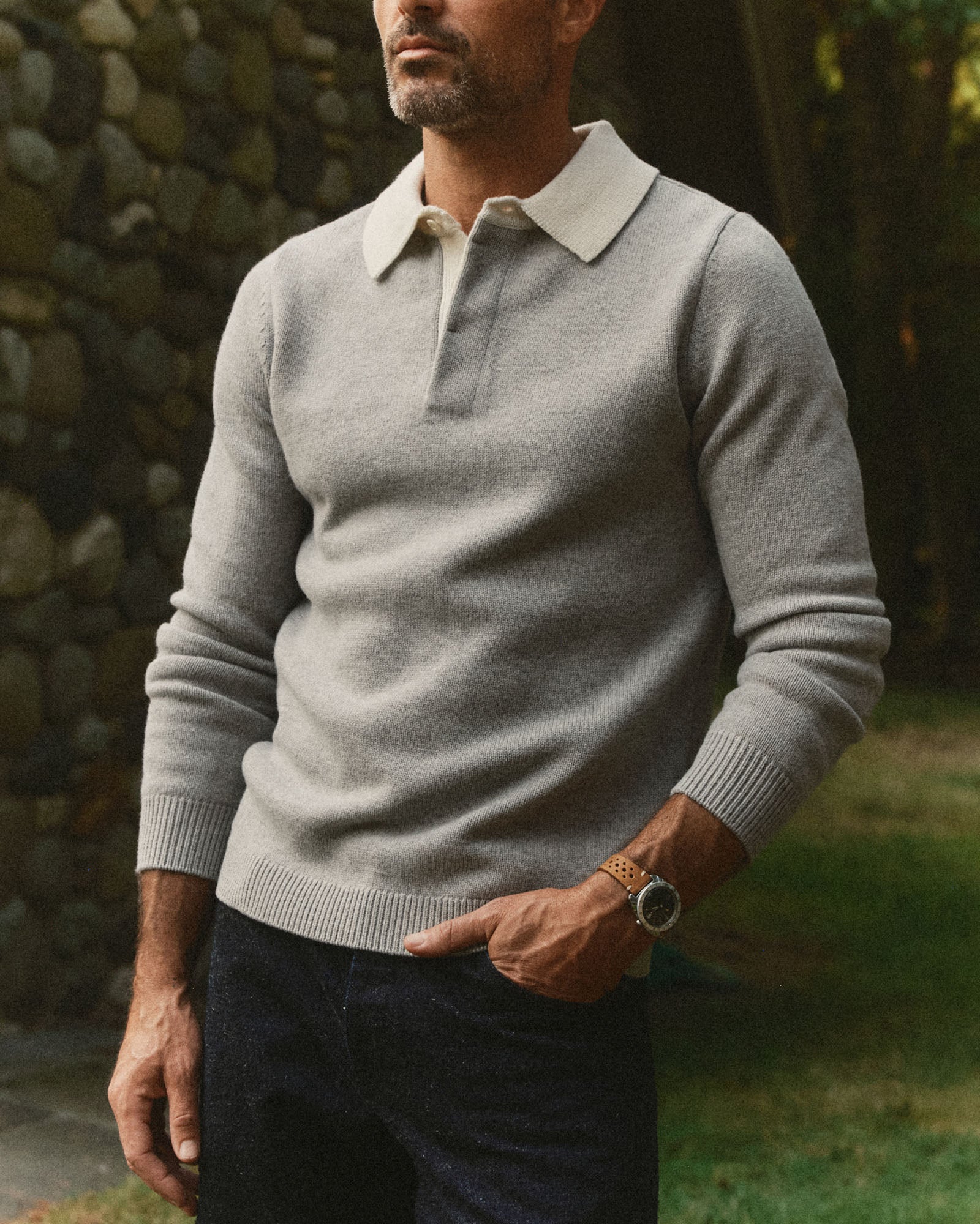 fit model showing off The Rugby Sweater in Heather Grey Merino, Sweaters by Taylor Stitch