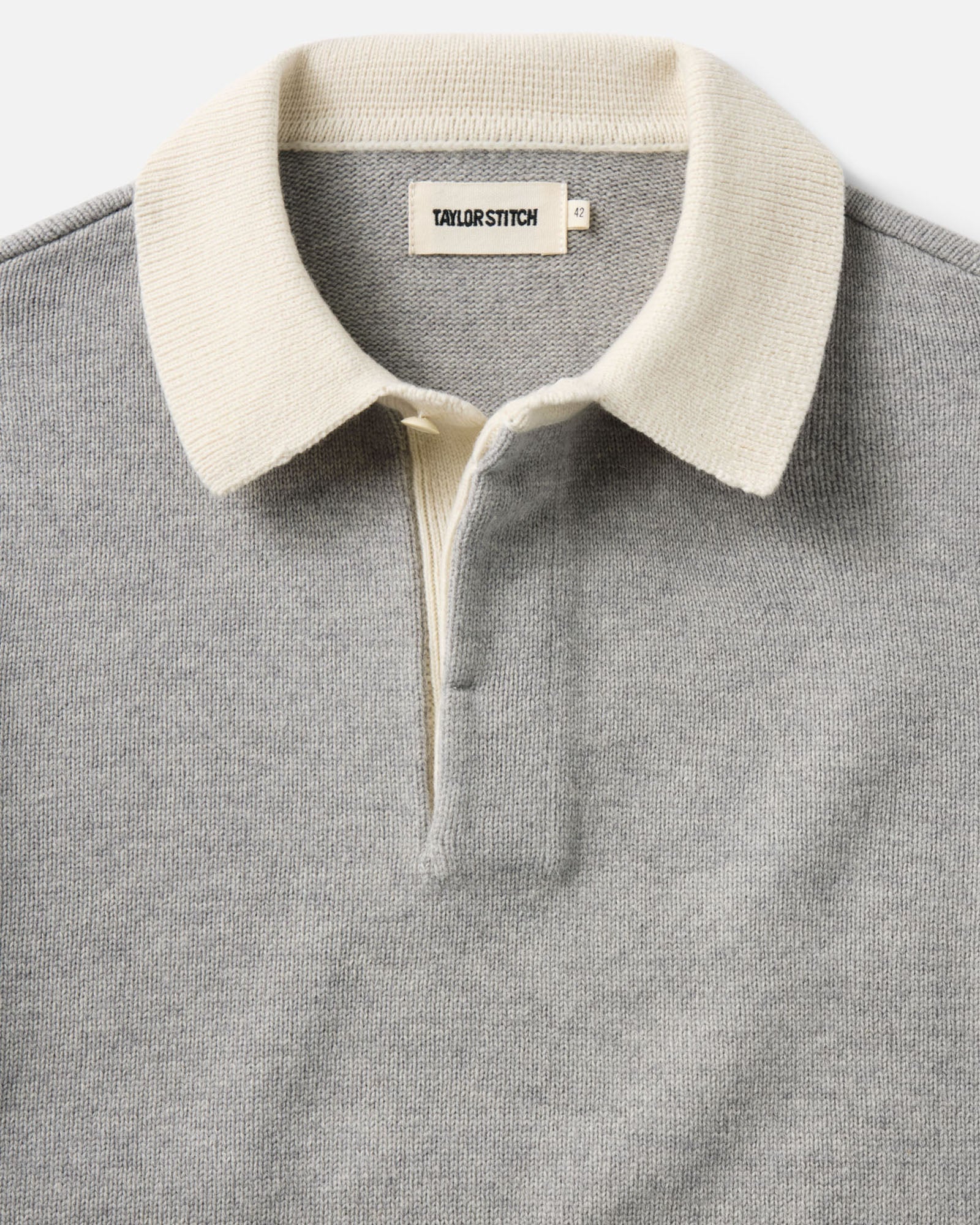 material shot of the collar on The Rugby Sweater in Heather Grey Merino, Sweaters by Taylor Stitch