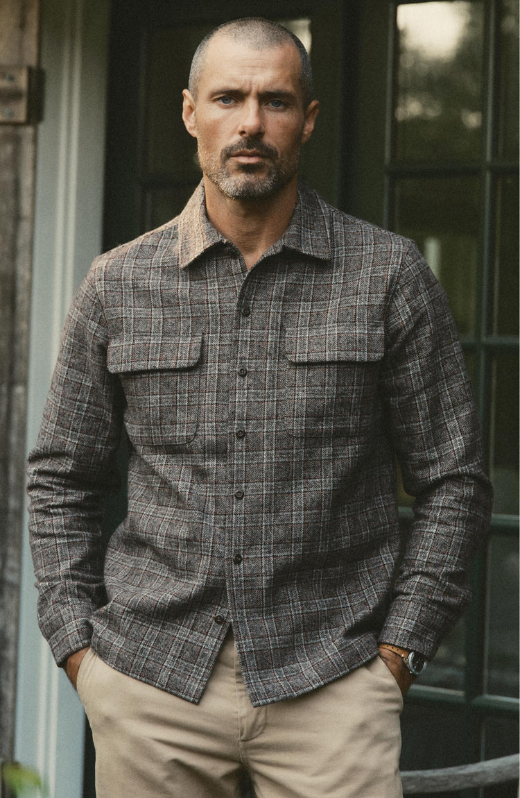 fit model posing in The Shore Shirt in Flint Check Wool