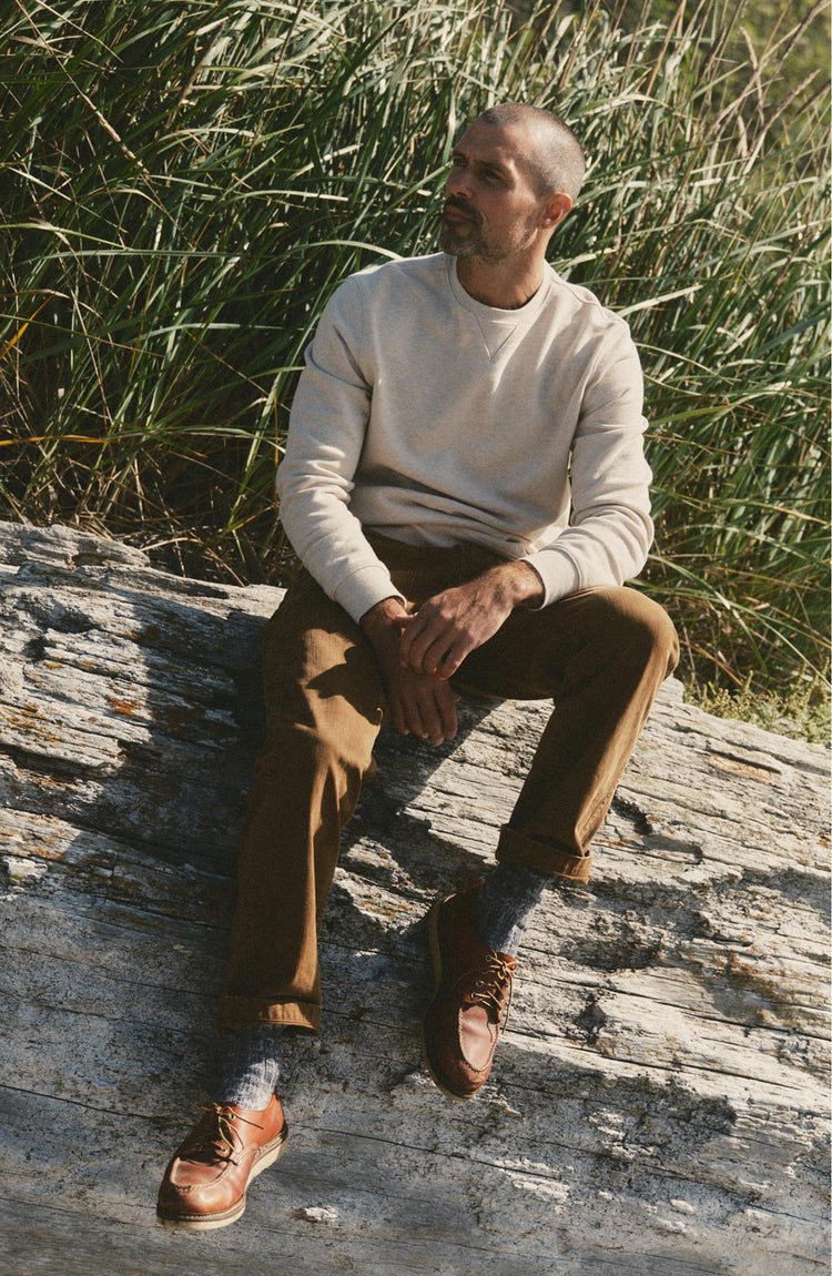 fit model posing in The Sunset Crew in Heather Oat Terry