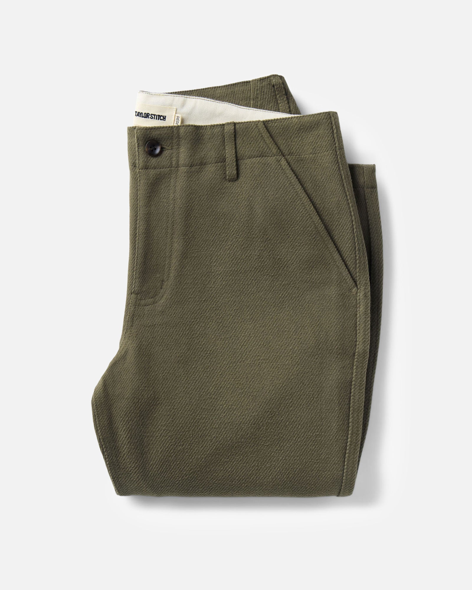 folded flatlay of The Carnegie Pant in Fatigue Olive Washed Moleskin, Bottoms by Taylor Stitch