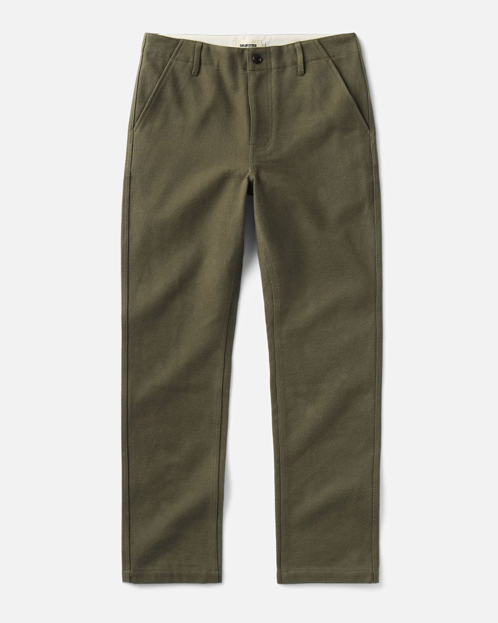 flatlay of The Carnegie Pant in Fatigue Olive Washed Moleskin, Bottoms by Taylor Stitch