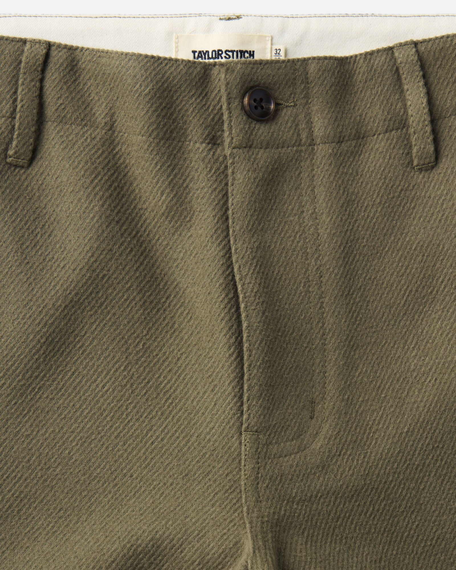 material shot of the waistband on The Carnegie Pant in Fatigue Olive Washed Moleskin, Bottoms by Taylor Stitch