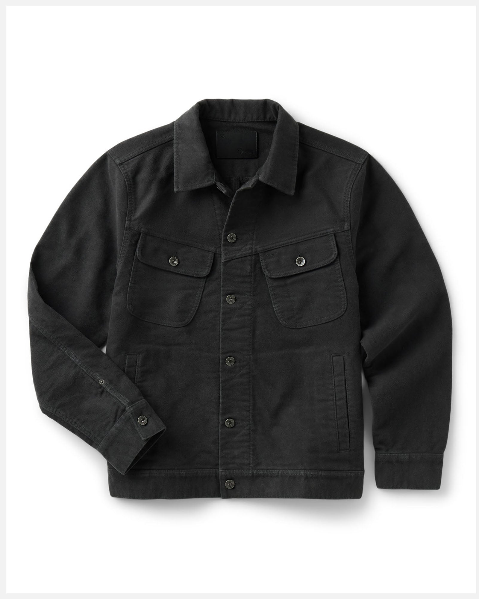 flatlay of The Long Haul Jacket in Faded Black Washed Moleskin, Outerwear by Taylor Stitch