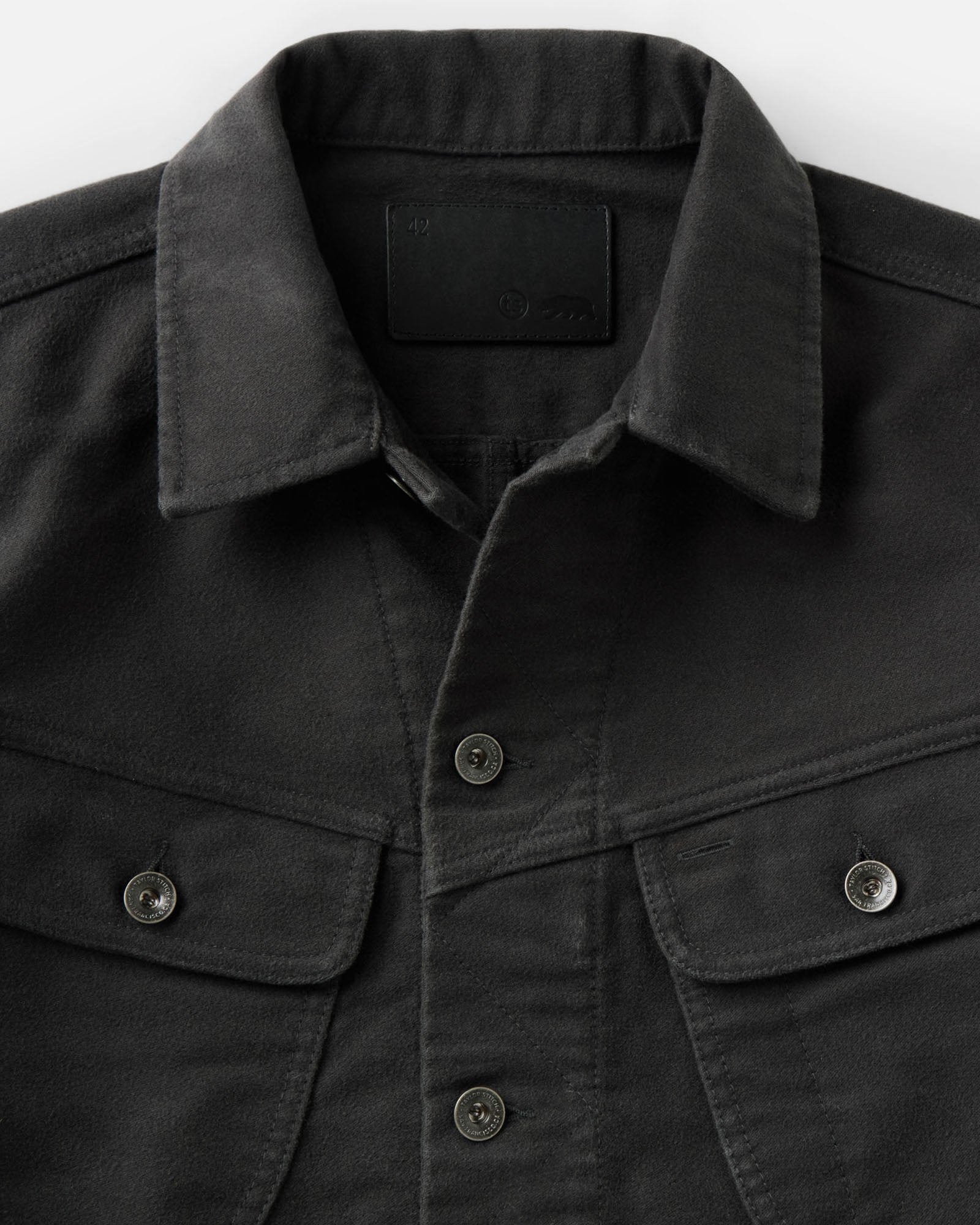 material shot of the collar on The Long Haul Jacket in Faded Black Washed Moleskin, Outerwear by Taylor Stitch