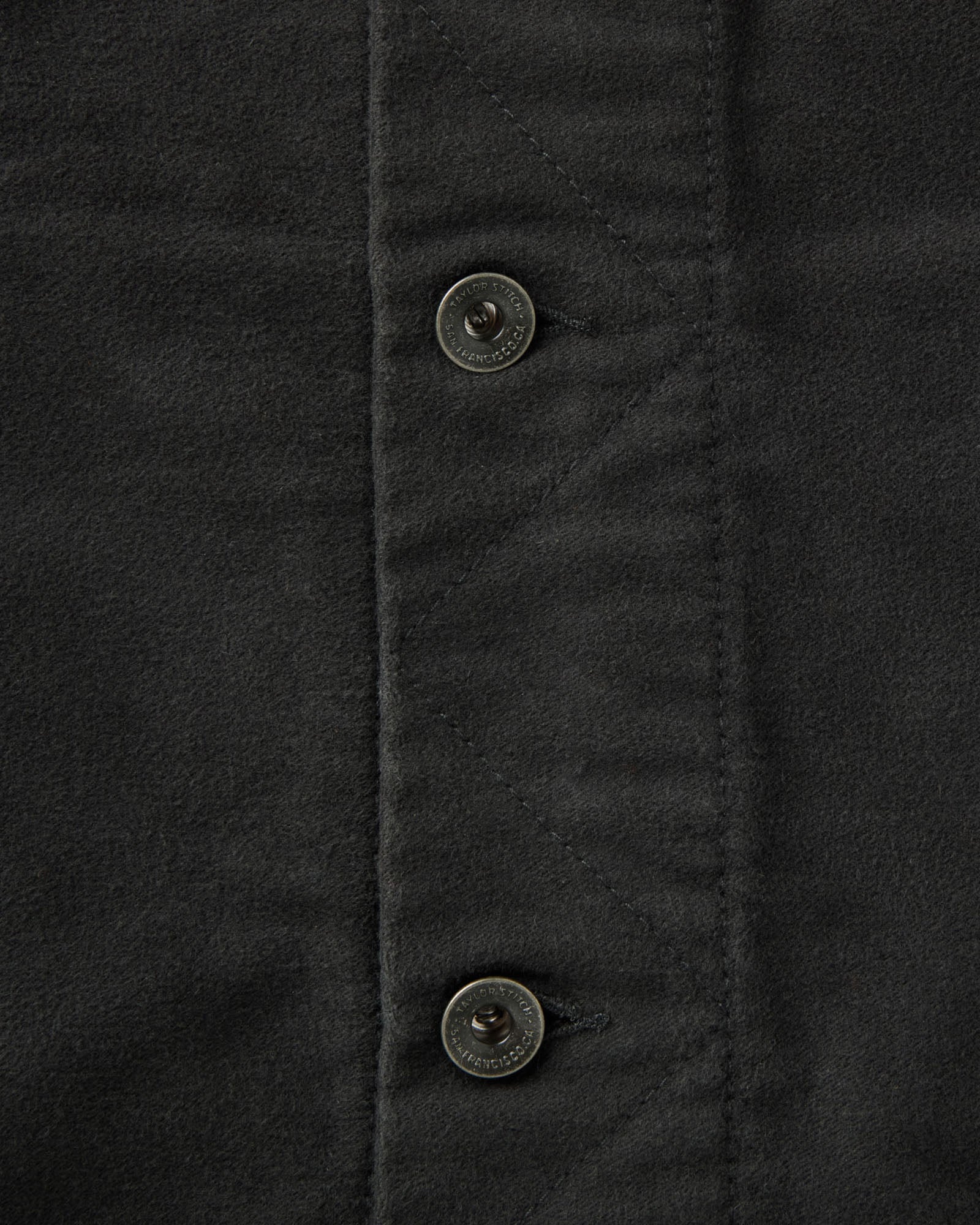 material shot of the buttons on The Long Haul Jacket in Faded Black Washed Moleskin, Outerwear by Taylor Stitch