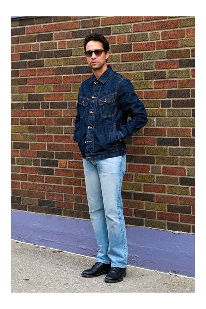 fit model showing off The Long Haul Jacket in Rinsed Organic Selvedge