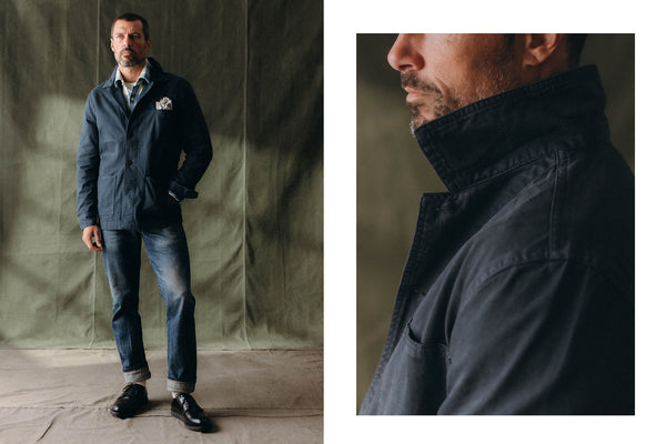 fit model wearingThe Ojai Chore Jacket in Organic Navy with denim jeans