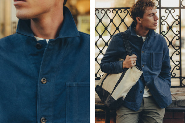 fit model wearing The Ojai Chore Jacket in Organic Navy Foundation Twill