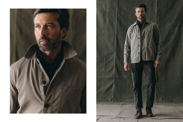 fit model wearing The Ojai Chore Jacket in Organic Smoked Olive Foundation Twill with black pants