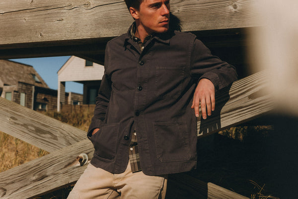 fit model wearing The Ojai Chore Jacket in Organic Smoked Olive