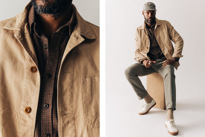 fit model showing off The Ojai Jacket in Organic Cotton Light Khaki Foundation Twill