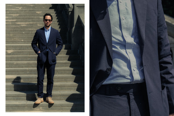 Leon showing off The Stevens Suit in Navy Linen