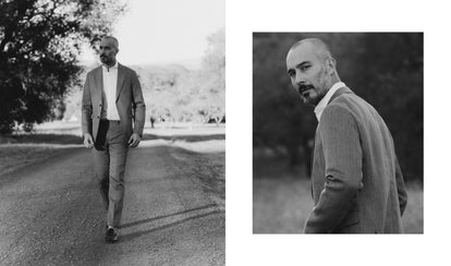 fit model posing in The Stevens Sportcoat and Trouser in Coffee Herringbone Linen