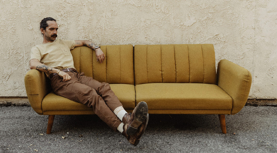 Daren Magee wearing The Heavy Bag Graphic Tee in Khaki Dahlia