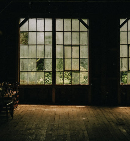 Frosted glass windows from inside the barn