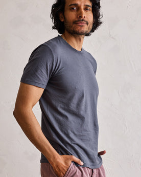 fit model in The Cotton Hemp Tee in Navy, Knits by Taylor Stitch