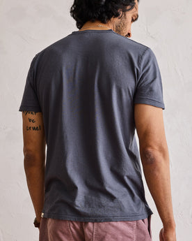 fit model showing the back of The Cotton Hemp Tee in Navy, Knits by Taylor Stitch