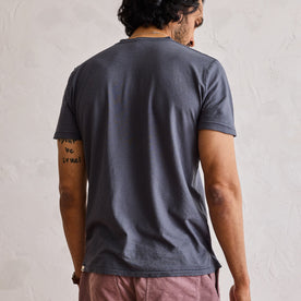 fit model showing the back of The Cotton Hemp Tee in Navy