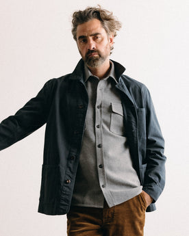fit model in The Ojai Jacket in Organic Navy Foundation Twill, Outerwear by Taylor Stitch