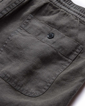 material shot of the rear pocket on The Apres Short in Granite Hemp, Bottoms by Taylor Stitch