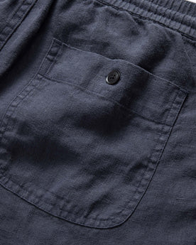 material shot of the rear pocket on The Apres Short in Marine Hemp, Bottoms by Taylor Stitch