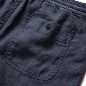 material shot of the rear pocket on The Apres Short in Marine Hemp
