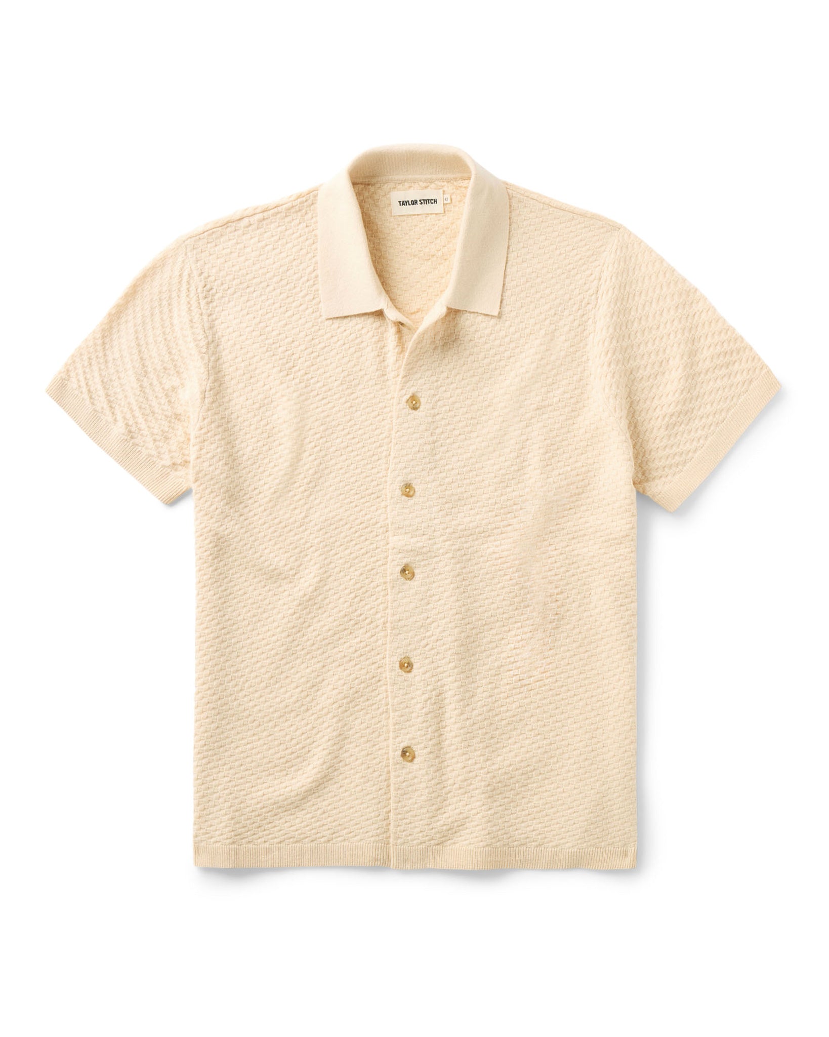 flatlay of The Arlo Sweater Polo in Oat Texture Knit, Knits by Taylor Stitch