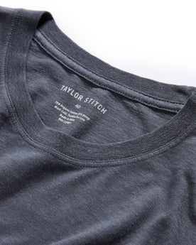 material shot of the neck opening on The Cotton Hemp Tee in Navy, Knits by Taylor Stitch