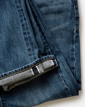 material shot of the selvedge detail on The Democratic Jean in Mid Wash Organic Selvedge, Bottoms by Taylor Stitch