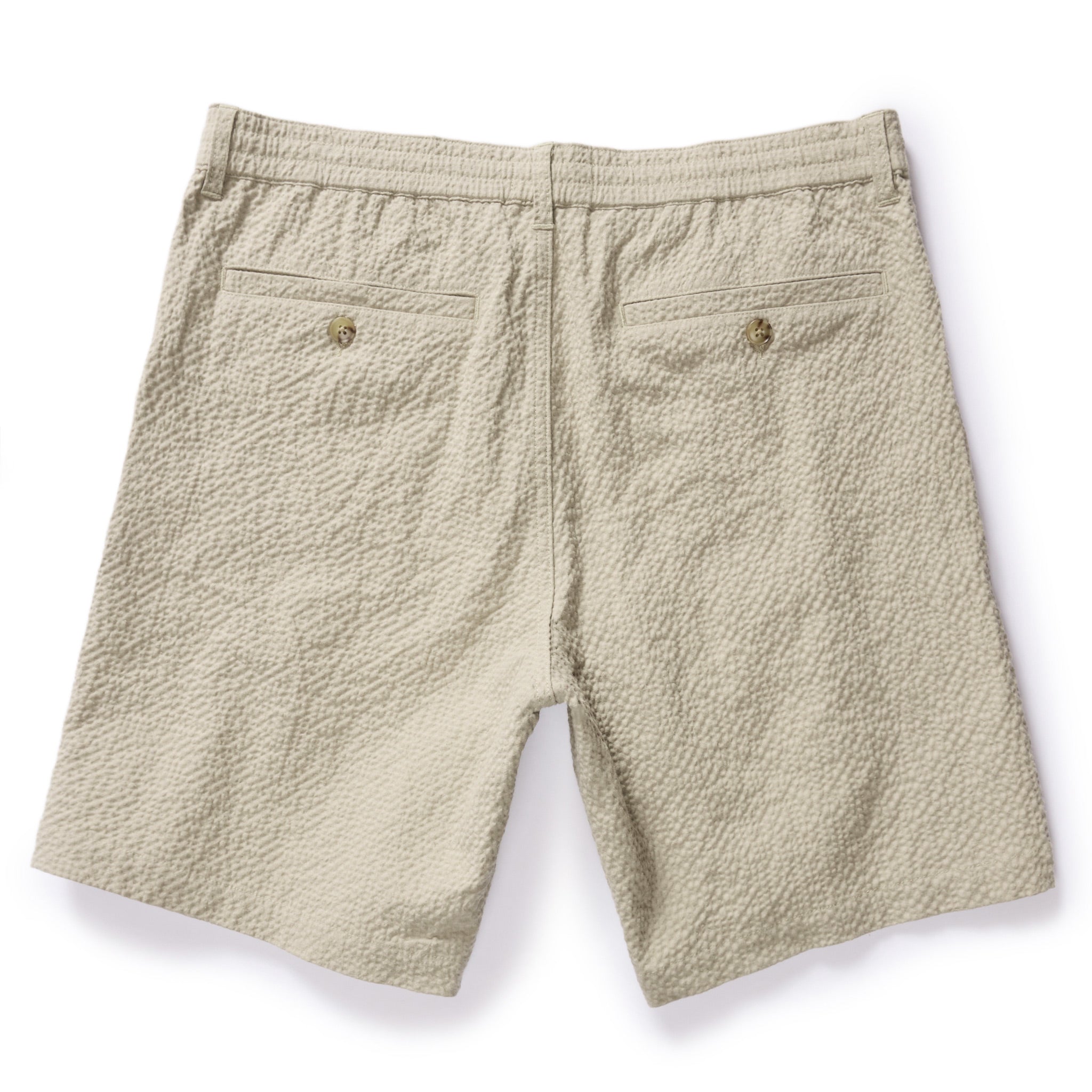 flatlay of The Easy Short in Heather Eucalyptus Seersucker, from the back, Bottoms by Taylor Stitch