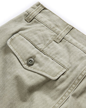 material shot of the back flap pocket on The Matlow Short in Arid Eucalyptus Washed Herringbone, Bottoms by Taylor Stitch