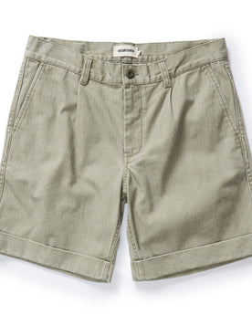 flatlay of The Matlow Short in Arid Eucalyptus Washed Herringbone, Bottoms by Taylor Stitch